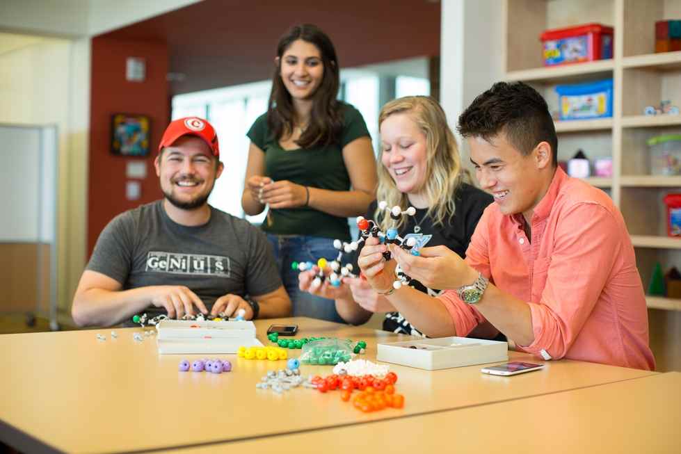 Students working with molecular models.